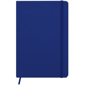 A blue notepad with a smooth cover and an elastic band closure, featuring a ribbon bookmark. It has a logo.