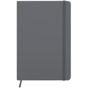 A grey notepad featuring a flexible cover, an elastic closure, and a ribbon bookmark. It has a logo on the front.