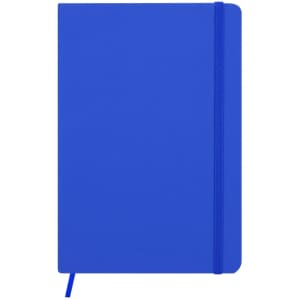A blue notepad with a soft cover, featuring an elastic band and a ribbon bookmark. It has a branding logo.