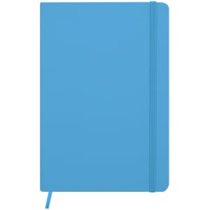 A blue notepad with a flexible cover and an elastic band closure, featuring a ribbon bookmark. It has a logo present.