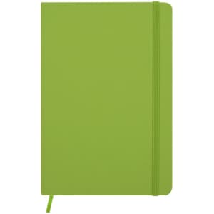 A green notepad with a textured cover, featuring an elastic band and a ribbon bookmark.