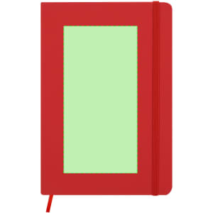 A red notepad with a green inner page and an elastic strap, featuring a branding logo.