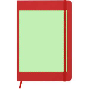 A red notepad with a green interior and a matching elastic band, featuring a logo on the cover.