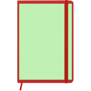 A notepad with a red cover and green pages, featuring a matching red elastic band.