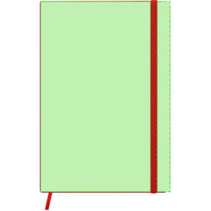A green notepad with a red elastic band. It features a stitched edge and a ribbon marker.