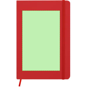 A red notepad with a green page and an elastic band closure. It features a placeholder for a cover design.