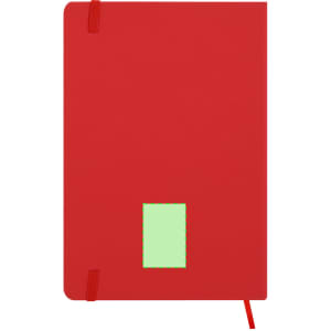 A red notepad with a green accent, featuring elastic closures and a label area.