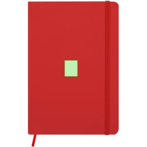 A red notepad with a green square on the front and a matching elastic closure. It features a logo.