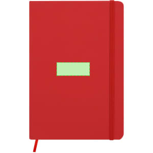 A red notepad with a green placeholder and an elastic band closure. It includes a logo on the cover.