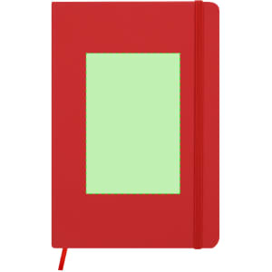 A red notepad with a green section on the front and a matching elastic closure. It features a logo.