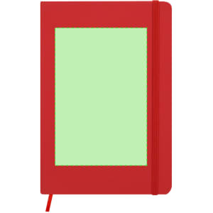 A red notepad with a green spot on the front and an elastic band closure. It features a logo on the cover.