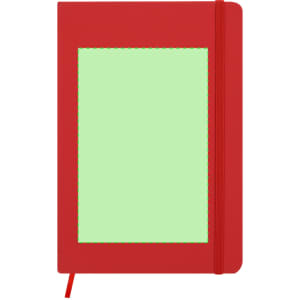 A red notepad featuring a green border and an elastic closure. It has a logo on the cover.