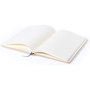 An open Bosco Notepad featuring blank pages and a ribbon bookmark, with a simple design and light-coloured cover.