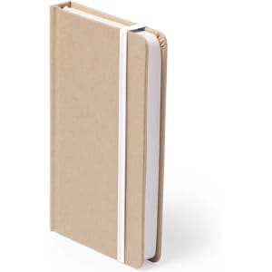 A brown notepad with a white elastic band, featuring a plain cover and crisp white pages.