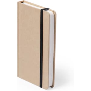 A tan notepad with a black elastic band, featuring a simple design and a soft cover.