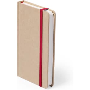 A kraft paper notepad with a red elastic band, featuring a simple design and white pages.