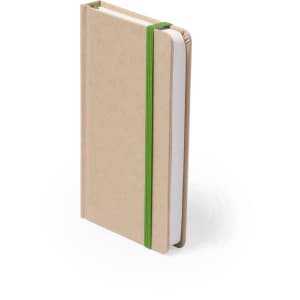 A notepad with a kraft brown cover and a green elastic band, featuring blank white pages.