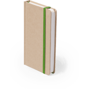 A beige notepad with a green elastic band, featuring a white inner section and a simple design.