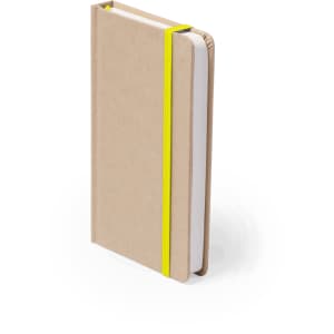 A notepad with a kraft cover and a bright yellow elastic band, featuring white lined pages and a simple design.