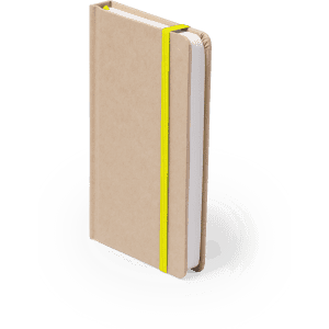A brown notepad with a yellow elastic band, featuring white pages and a simple design. It has branding on the cover.