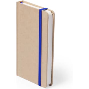 A notepad with a kraft paper cover, secured with a blue elastic band, featuring blank white pages.