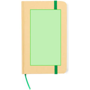 A beige notepad featuring a green elastic band and a green inner cover, with a blank space on the front for personalisation.