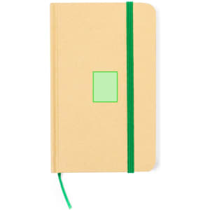 A beige notepad with a green elastic band, featuring a green rectangle on the front cover, designed for office use.