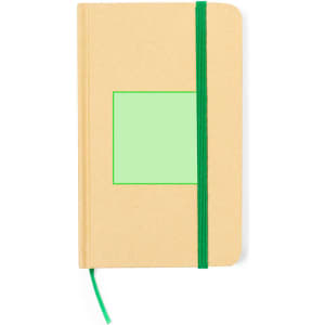 A kraft-coloured notepad with a green elastic band and a blank square for customisation. It includes a ribbon bookmark.