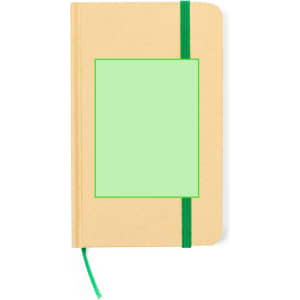 A tan notepad with a green elastic band and a blank green area in the centre, featuring a logo.