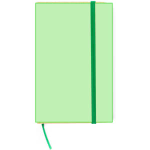 A green notepad with a green elastic band and bookmark. It features a simple design and a logo on the cover.