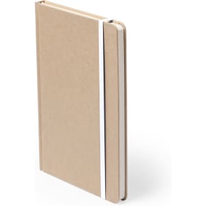 A brown notepad with a white elastic band, featuring a plain cover and white pages. It has a logo on the front.