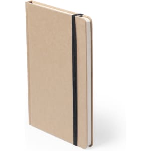 A kraft brown notepad with an elastic band closure, featuring blank pages and a simple design.