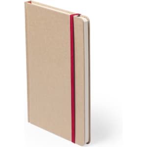 A kraft-coloured notepad with a red elastic band. It features a simple design and has a logo on the cover.