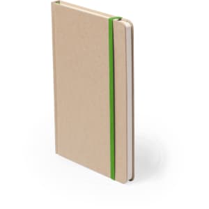 A notepad with a kraft cover and a green elastic band, featuring a simple and minimalist design.