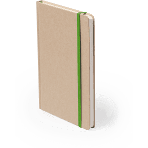 A notepad with a brown textured cover and a vibrant green elastic band. It has a simple, unbranded design.