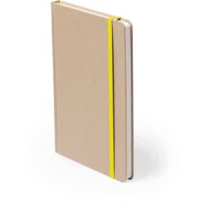 A notepad with a beige cover and yellow elastic band, featuring a simple and clean design.