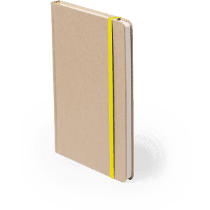 A notepad with a kraft cover and a yellow elastic band, featuring a simple, minimalist design.