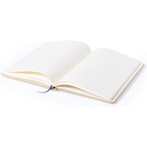 An open Raimok Notepad with blank white pages and a blue ribbon bookmark, featuring a simple design.