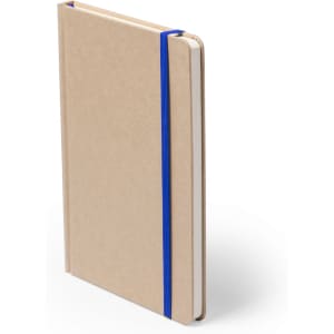 A notepad with a natural brown cover and a blue elastic band. It has a simple, sleek design and includes blank pages.