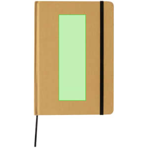 A tan notepad with a green insert and a black elastic band for closure, featuring a black ribbon bookmark.