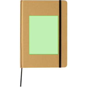 A kraft paper notepad with a black elastic band and a light green window on the front. It features branding.