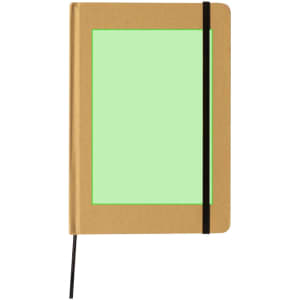 A brown notepad with a green cover section and a black elastic band closure. It features a branding logo.