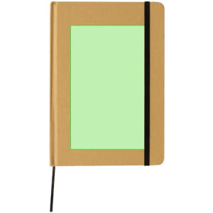 A brown notepad with a green inner page, featuring a black elastic band and a bookmark ribbon.