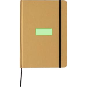 A brown notepad with a black elastic band and a green label on the cover. It features a simple, minimalist design.