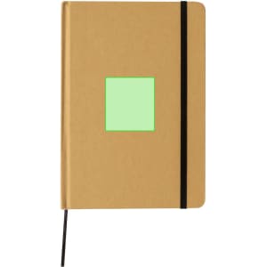 A brown notepad with a black elastic band and a green square on the cover. It has a sleek design and a logo.