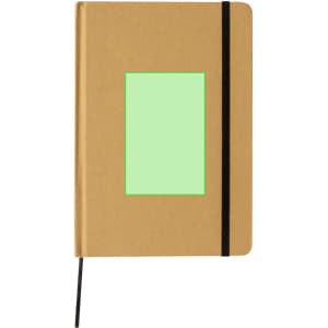 A kraft brown notepad featuring a green accent and a black elastic band closure. Includes a logo on the front.