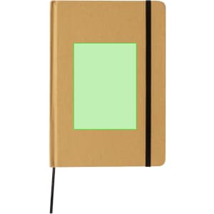A notepad with a brown kraft cover, featuring a green rectangle design and a black elastic band.