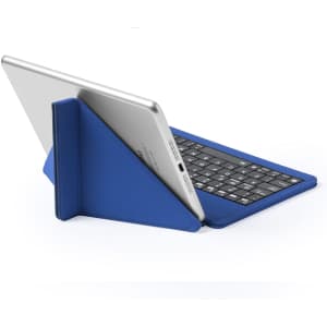 A blue keyboard holder with a tablet propped up, showcasing a built-in keyboard and a sleek design.