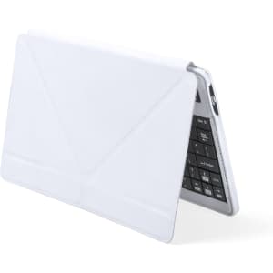 A white Tyrell Keyboard Holder with a keyboard visible, designed for technology devices, featuring a folding design.