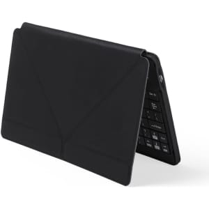 A black Tyrell Keyboard Holder featuring a protective cover and a keyboard underneath. It has a logo on the side.
